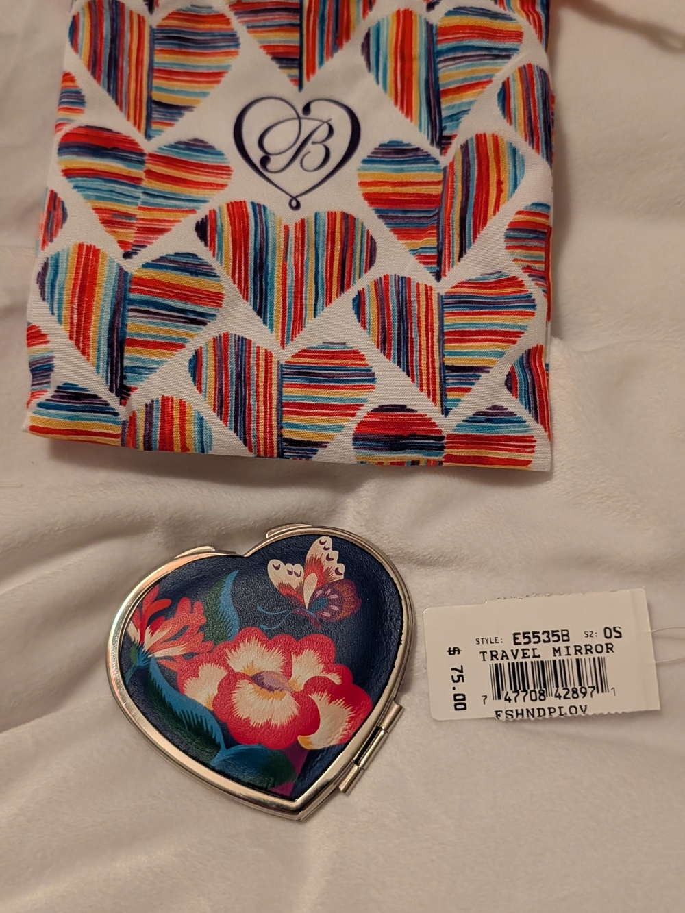 Brighton Heart Shaped Floral Travel Mirror With Dustie Navy Multi NWT